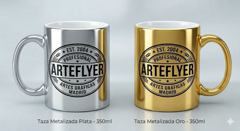 Tazas de ceramica metalizadas oro y plata personalizadas para regalos de empresa.