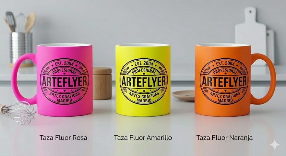 Tazas personalizadas fluor mate. Varias tonalidades de colores fluorescentes.