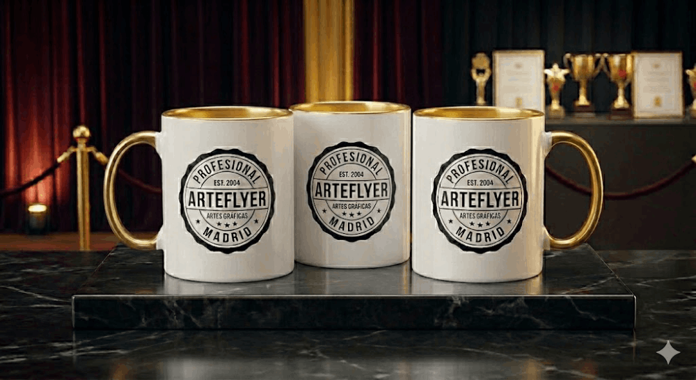 Tazas blancas con asa e interior metalizado oro y plata personalizadas con logotipo en Madrid.