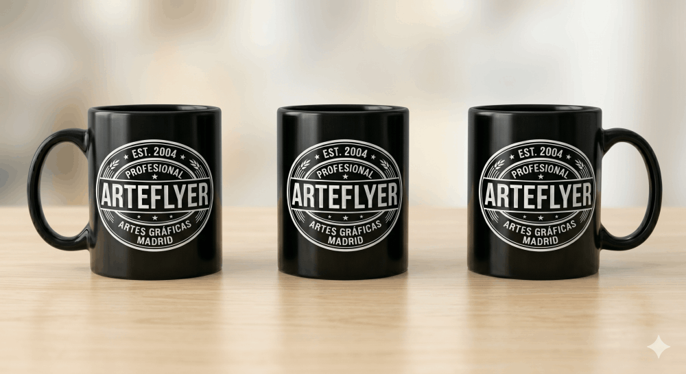 Taza negra personalizada y taza acabado mate con logotipo corporativo en blanco.